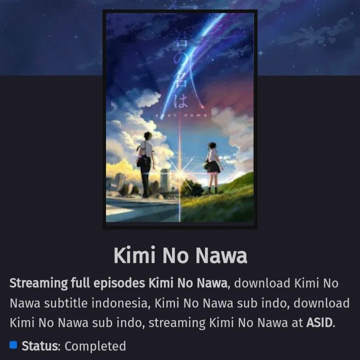 Animesid_net's tweet photo. Update!
-Anime Movie
-Anime Completed
-List Genre
[Movie]
-Kimi No Nawa
-Suzume No Tojimari
-Tenki No Ko
[Anime Completed]
-Date A Live [ALL Season]

Anime Yang Di Atas Udah Bisa Di Tonton Ya, Kalau Ada Bug Bilang aja!
https://t.co/TkjyaDEUPQ
https://t.co/a8fFOuubHh
Ongoing Besok https://t.co/0PqfvtpNPA