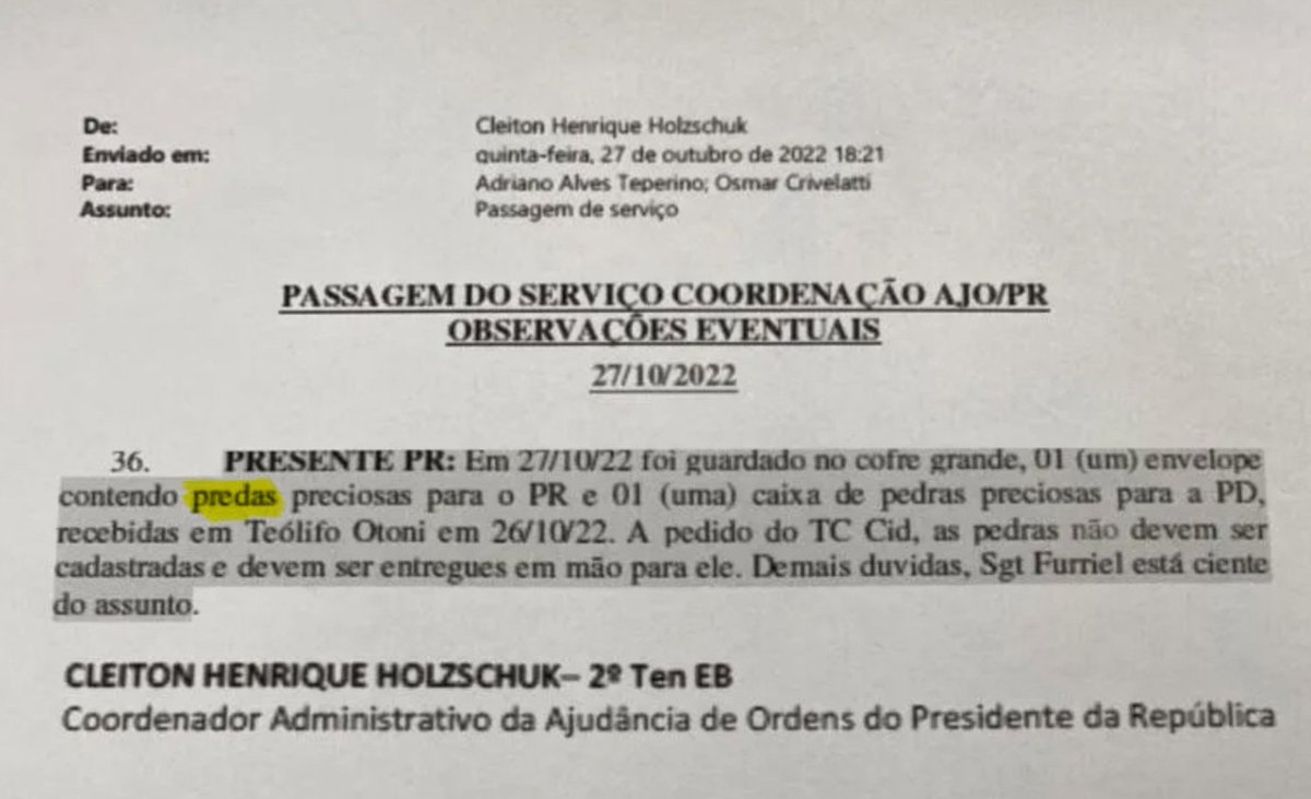 RAPAZ! O <a href="/ICLNoticias/">ICL Notícias</a> divulgou com exclusividade o e-mail que comprova que Jair Bolsonao recebeu as pedras preciosas e as manteve e forma clandestina. O governo amador ainda escreveu "Predas Preciosas" no e-mail oficial.