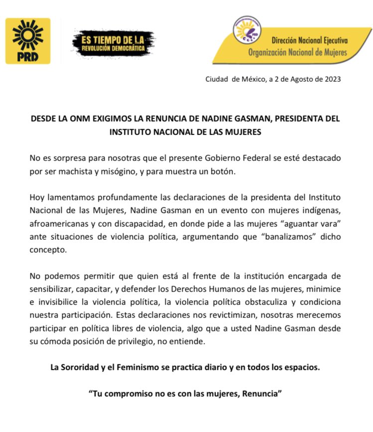 ONMPRD's tweet image. Lamentables las declaraciones de @nadgasman en relación a la #ViolenciaPolitica, no, no #AguantamosVara #Renuncia 
@latinus_us 
@inmujeres