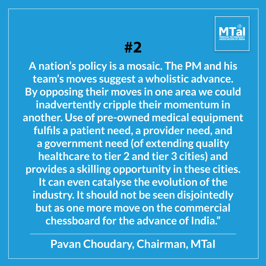 mtaiorg's tweet photo. 2nd excerpt from Chairman, MTaI, Pavan Choudary's illuminating take on pre-owned medical equipment import. Read the full comment only in Express Healthcare: https://t.co/u2GCpOHXLL

#MedTech #MedicalDevices #Healthcare #HealthcareForAll #MedTechMatters

@narendramodi @PMOIndia @byadavbjp @OfficeOf_MM @mansukhmandviya @moefcc @MoHFW_INDIA @Pharmadept @CDSCO_INDIA_INF @NITIAayog @WriterPavan @ExpHealthcare