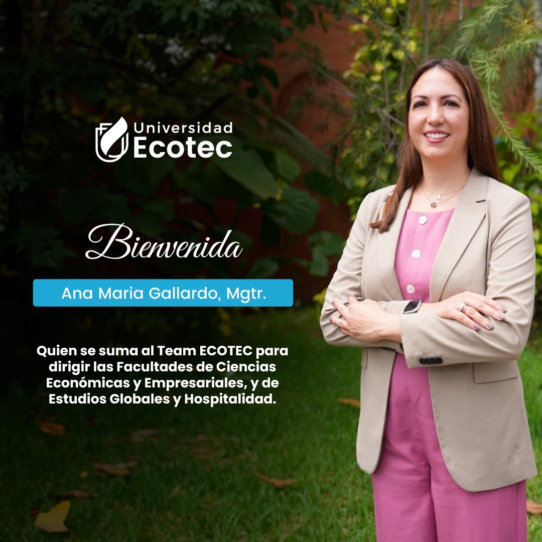 UnivEcotec's tweet photo. 🎉 ¡Damos la bienvenida a Ana María  Gallardo @anitagallardo nuevo miembro del TEAM ECOTEC, quien estará en frente de las Facultades de Ciencias Económicas  y Empresariales y Facultad Estudios Globales y Hospitalidad!📚 #AcadémicosECOTEC #TeamECOTEC https://t.co/7tWzQxdyhY