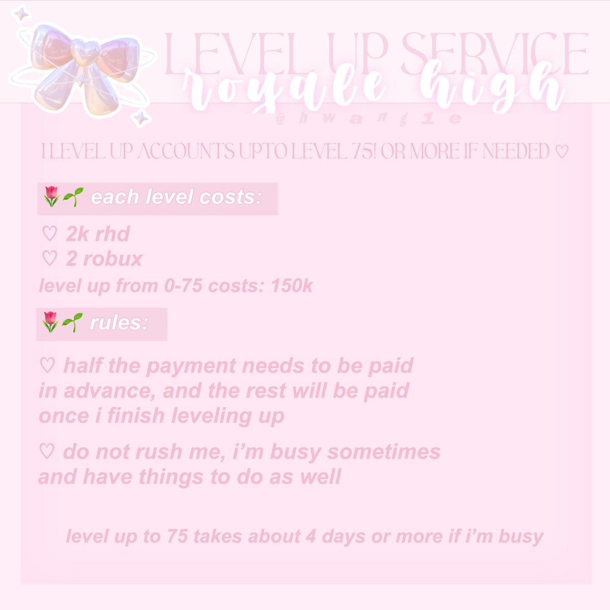 ✧.* ⊂ 🌱hwang1e's services! ⊃ ♡
. . .🌷
♡; i sell bbc and level up accounts on rh! 
♡; please read the whole page before you order anything
♡; my proofs are linked in comments <3
. . .🌷 
thank you for visiting<3