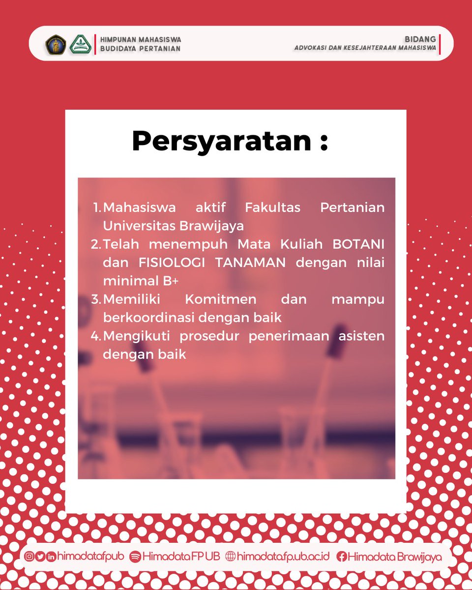 himadatafpub's tweet photo. [A-News: Pendaftaran Asisten Praktikum Lab Fisiologi Tanaman Semester Ganjil T.A 2023/2024]

Hallo Bravoholic!!

Ada informasi penting lagi nih untuk kita semua!!🤗
Pendaftaran Asisten Praktikum Lab.Fisiologi Tanaman Semester Ganjil 2023/2024 sudah dibuka lohh!! https://t.co/VbCGBmnbB1