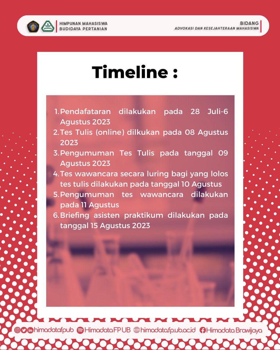 himadatafpub's tweet photo. [A-News: Pendaftaran Asisten Praktikum Lab Fisiologi Tanaman Semester Ganjil T.A 2023/2024]

Hallo Bravoholic!!

Ada informasi penting lagi nih untuk kita semua!!🤗
Pendaftaran Asisten Praktikum Lab.Fisiologi Tanaman Semester Ganjil 2023/2024 sudah dibuka lohh!! https://t.co/VbCGBmnbB1
