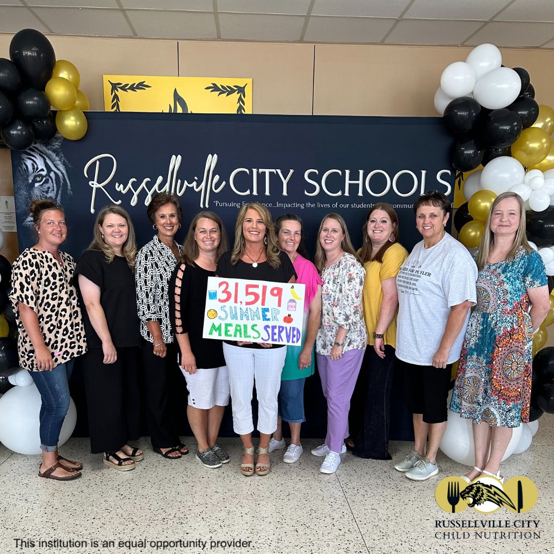 Congratulations and thank you to our Seamless Summer Child Nutrition Team for serving over 31,000 meals to children in our community this summer! 🤩 We are so thankful for your hard work and dedication! 👏🏽👏🏽👏🏽 @RussellvilleK12 #RussellvilleAL #RussellvilleAlabama #Russellville