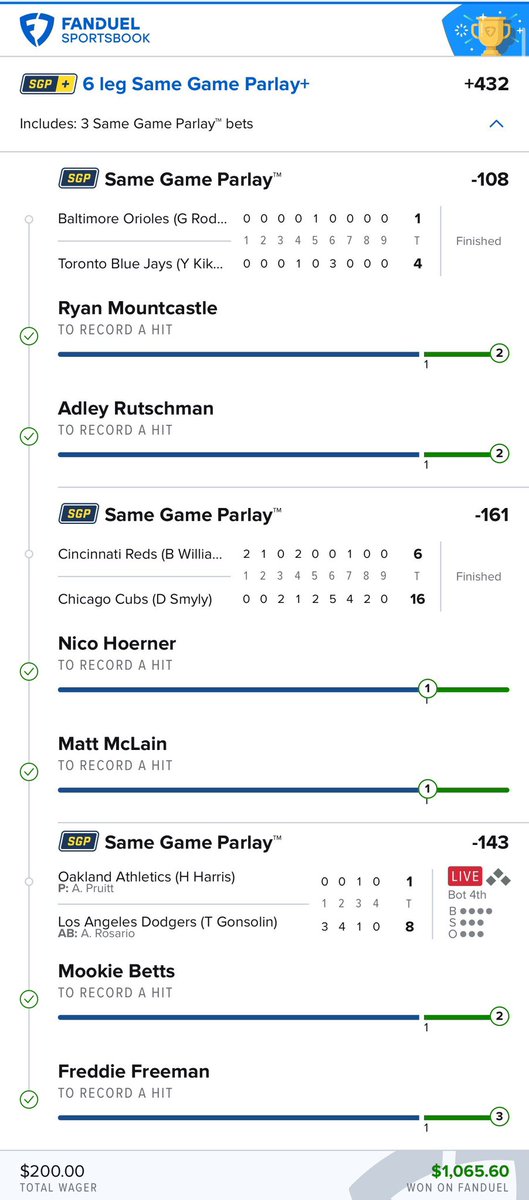 GoldBoys's tweet photo. Cash this MLB SGP+ from @seanboybets ⚾️⚾️

$200 ➡️ $1,065.60 💰💰

Posted in the discord ➡️ https://t.co/ChgX7UxU00 https://t.co/f1jEsSlMeW