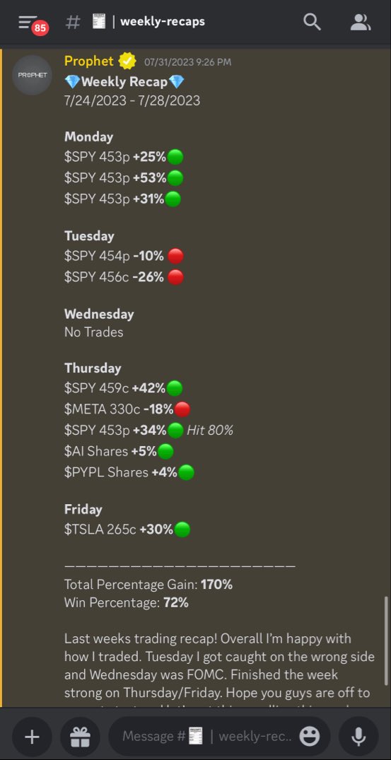 CTTradingAlerts's tweet photo. Previous week’s trade ideas! This week has been even BETTER! All alerted in our Discord 💪💰

$SPY $SPX $TSLA $AAPL https://t.co/G6ww0I4iod