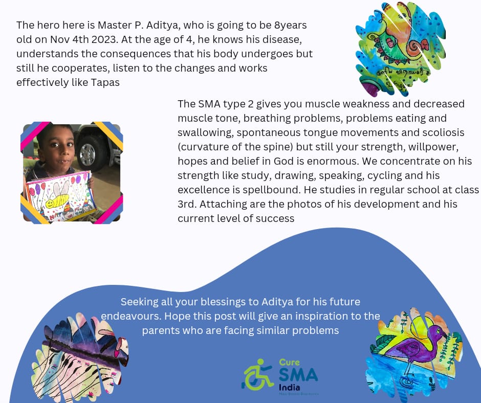 Witness the extraordinary journey of dear #SMAwarrior,  Aditya, as he bravely battles #SMA 💪 . Despite the challenges, his strength, willpower, and belief in a brighter future are awe-inspiring! 🌈 Join us on this inspiring path &amp; spread #SMAAwareness !
#BattleAgainstSMA