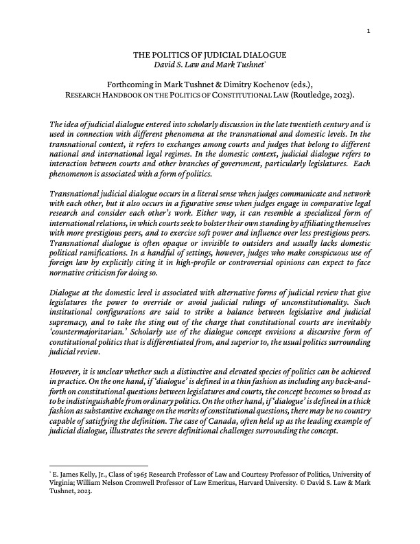 DavidSLaw's tweet photo. New on SSRN by @Mark_Tushnet and yours truly! The Politics of Judicial Dialogue. Download full paper here: https://t.co/g88KflIClf @UVALaw https://t.co/7vCOcV0nwF