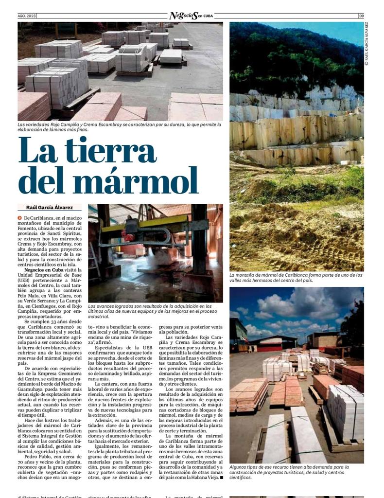 Geominera_SA's tweet photo. La edición de agosto de Negocios en Cuba dedica un artículo a las potencialidades de los mármoles en la región central del país, con referencias a los criterios de especialistas de la empresa @geomineracentro
➡️ Vea la publicación: https://t.co/KRcs63M6j7
#InvertirEnCuba https://t.co/BDNmtKIvl5