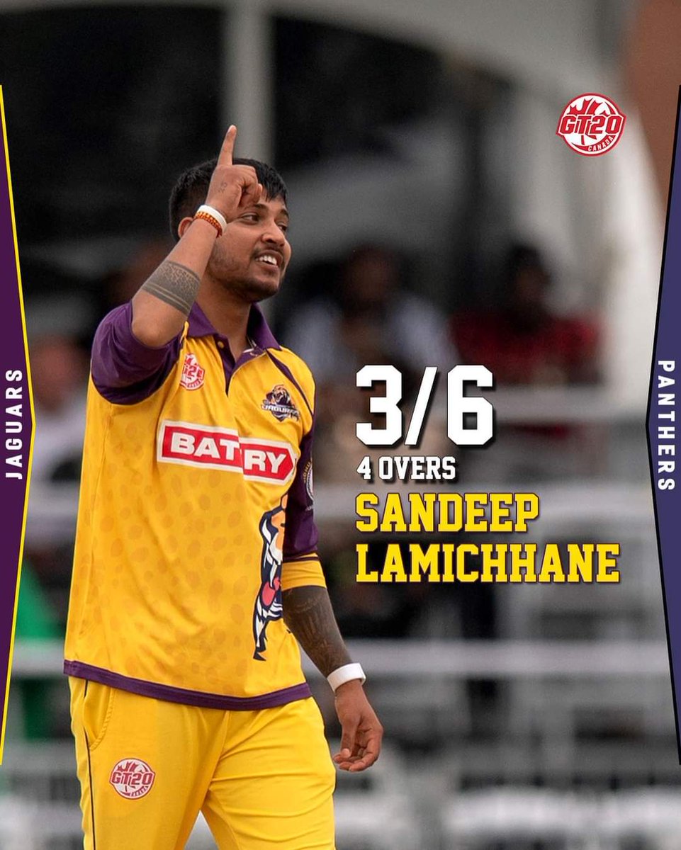 CricketNep's tweet image. Congratulations to Sandeep Lamichhane for his outstanding performance in the match of Surrey Jaguars vs Mississauga Panthers!🏏🔥 He took 3 wickets for only 6 runs in 4 overs. He was rightly awarded the player of the match for his brilliant bowling.🌟🎊

Photo: GT20