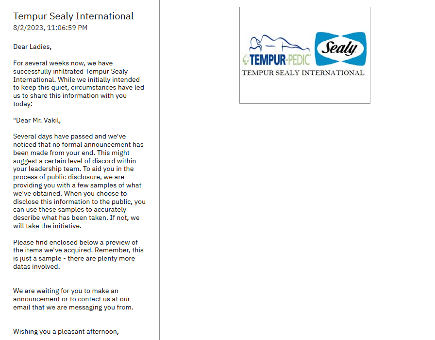 Tempur Sealy cyber attack