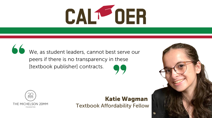 Michelson20MM's tweet photo. During #CalOER, UCLA student Katie Wagman discussed textbook affordability issues at the UC level, what the lack of transparency in textbook publisher contracts is costing students, and the UC-wide adoption of open educational resources (#OER) as a solution. https://t.co/9WMO6yyexz