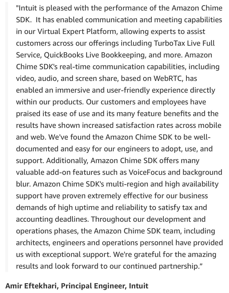 We are super excited to showcase how <a href="/Intuit/">Intuit</a> is using the Amazon Chime SDK from <a href="/awscloud/">Amazon Web Services</a> to power expert communication services, such as <a href="/turbotax/">Intuit TurboTax</a> Live. 

Thank you Amir, John, and Donato for the collaboration!

linkedin.com/posts/sraocti_…