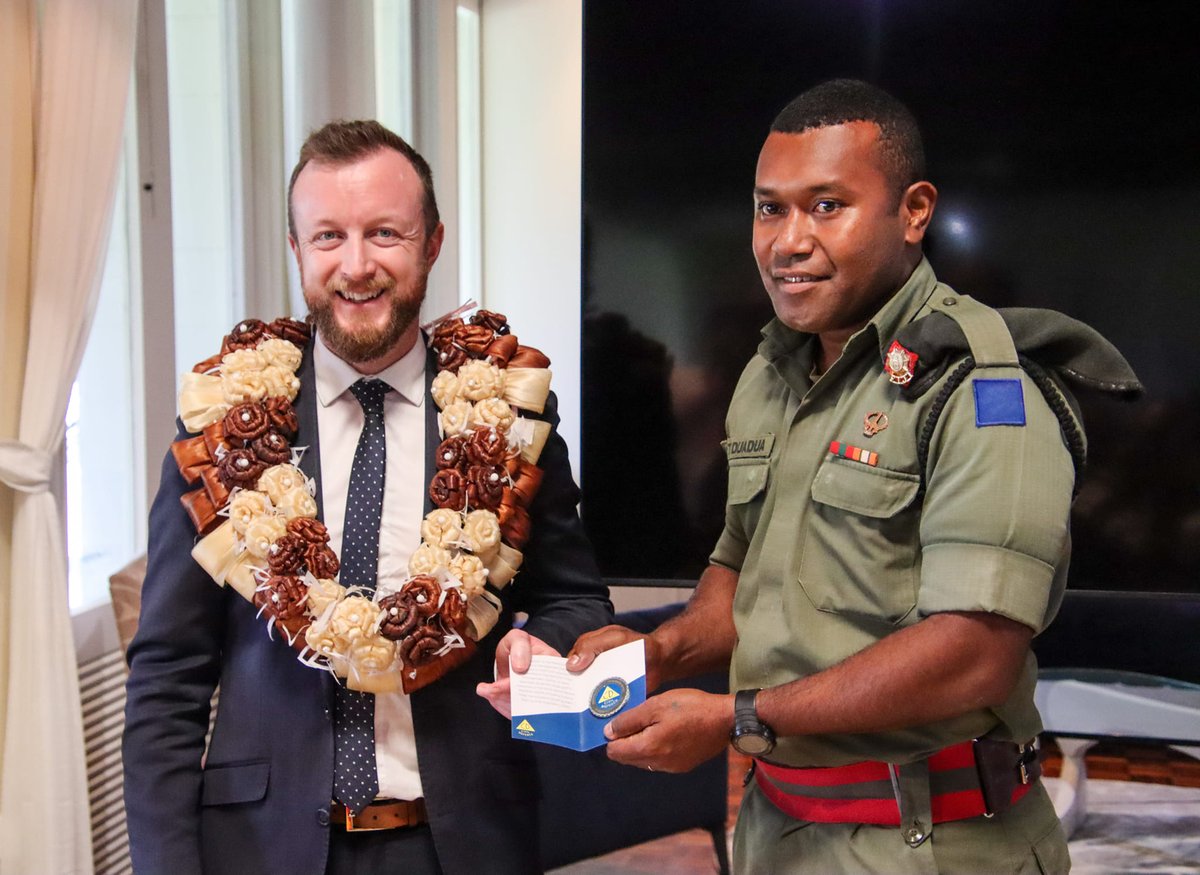 RFMF_Defence's tweet photo. 25 pers of the RFMF who were part of the Taskforce NZ Assist were accorded a  thanksgiving ceremony at the New Zealand High Commission Residence in Suva yesterday. NZ Minister for Emergency Management @KieranMcAnulty thanked the soldiers for their commitment and efforts. https://t.co/jW2C0eHiso