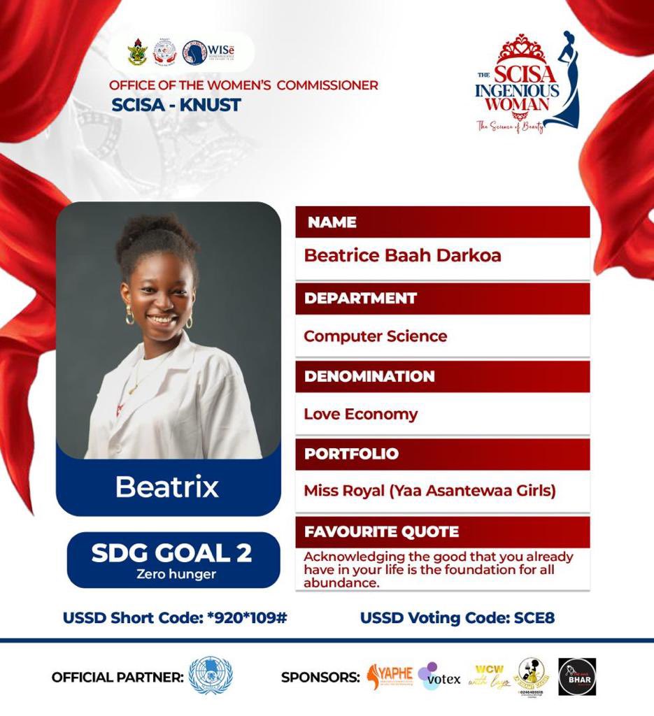 WiseKNUST's tweet photo. SCISANs;
Here’s Beatrix
…the 2nd runner-up of the SCISA Ingenious Woman.
#FaceOfSCISA | #TheSCISAIngeniousWoman https://t.co/zPHg55Am41