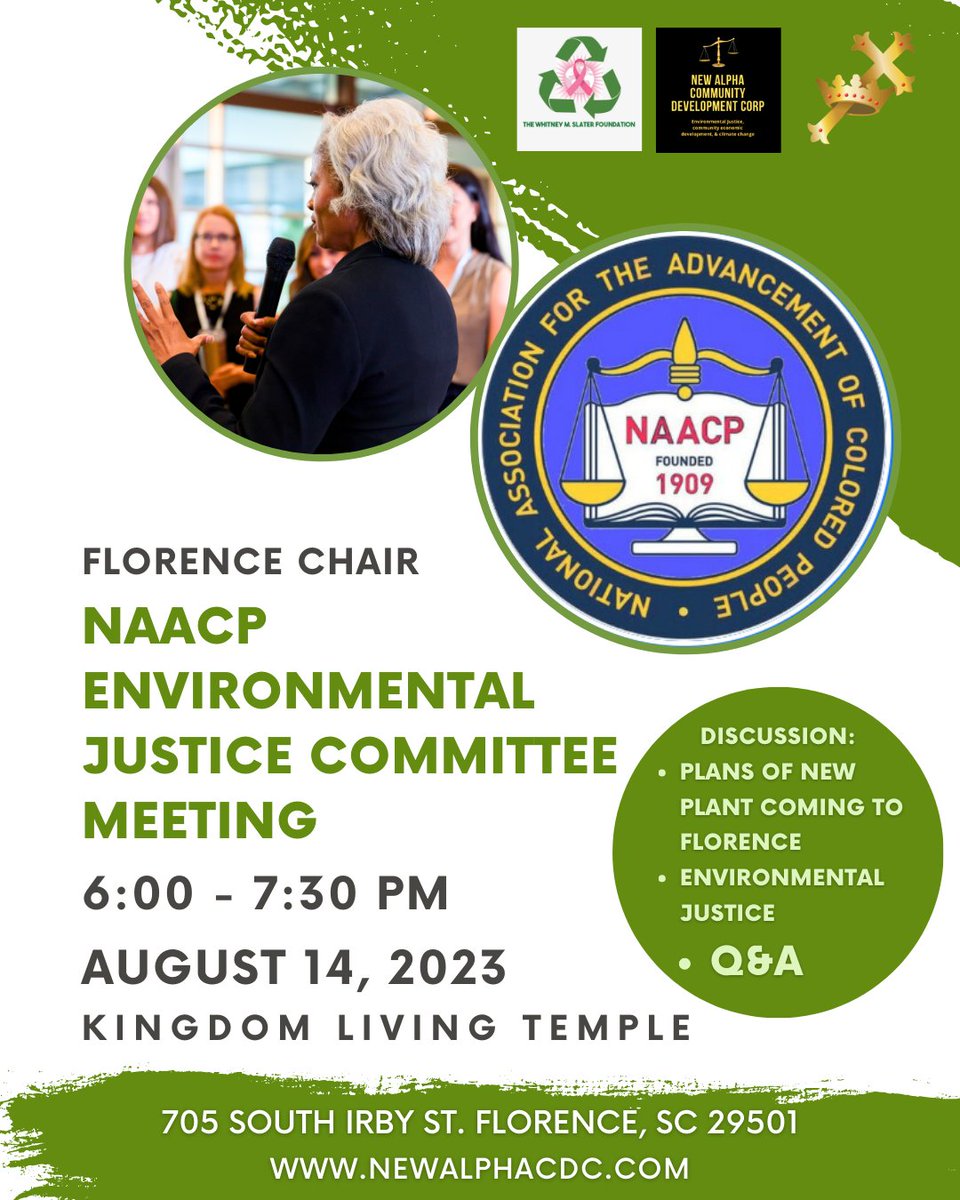 Have your Questions Answered about the Incoming Plant to Florence! 

Discussion and Q&amp;A led by Florence Chair of NAACP

Monday, August 14th @ 6:00 PM

Kingdom Living Temple
705 S. Irby St. 
Florence, SC 29501
