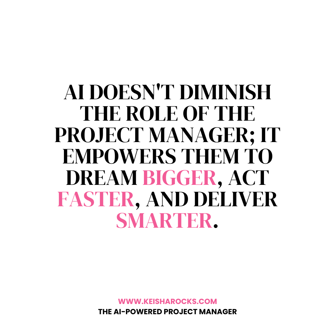 KeishaRocks's tweet photo. AI doesn't diminish the role of the project manager; it empowers them to dream bigger, act faster, and deliver smarter.  #Projectmanagement #Projectmanager #leadership #AspiringProjectManager #PMP #ScrumMaster #AgileMethodology #ProjectManagementTips #ProjectManagerLife #PMO #AI https://t.co/qZr7Gu9Xab