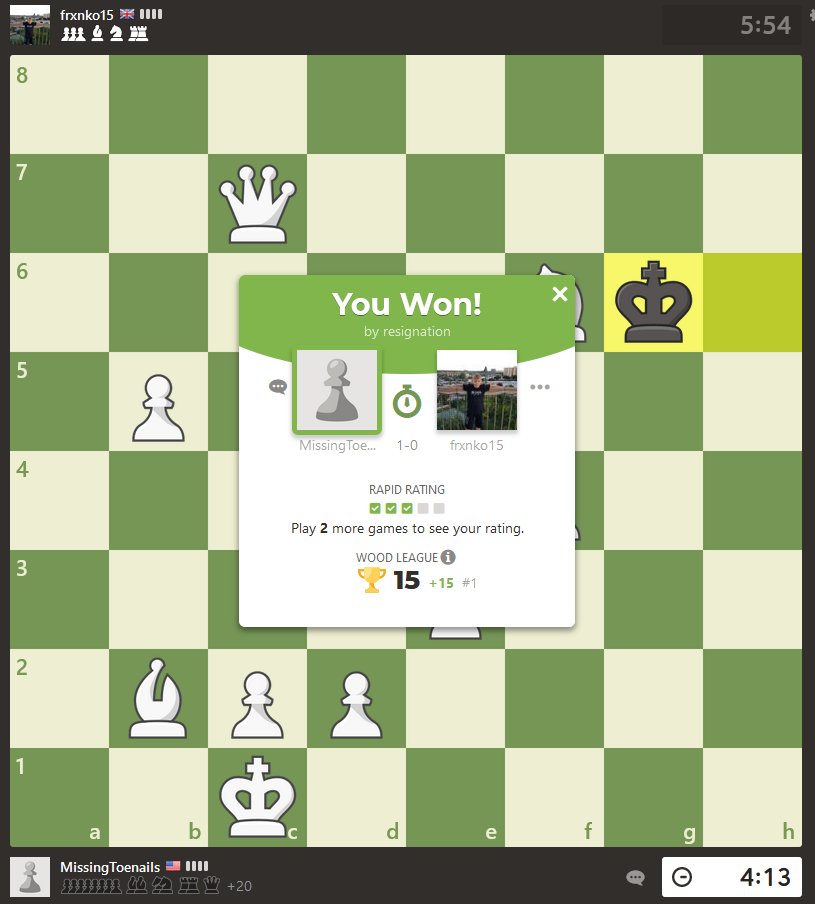 stephenostas's tweet photo. First ever chess win (after a week of playing)... I'm coming for you @MagnusCarlsen https://t.co/DcZTgII2y7