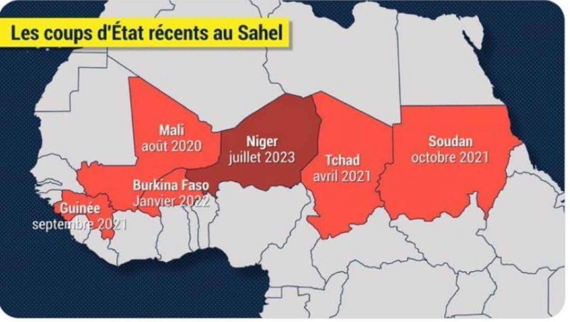 The coup zone of the Sahel region in red. Is this a coincidence? I thought coup was no more fashionable. What is happening? Since the disintegration of Libya, the Sahel hasn't known peace.
