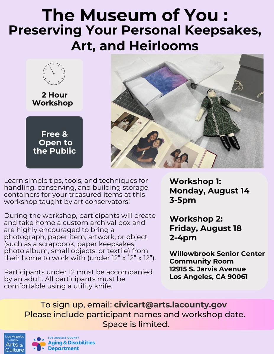 This workshop introduces participants to museum and archive-standard methods for preserving cherished family photographs, heirlooms, and art for generations to come. To sign up: email civicart@arts.lacounty.gov with participants names and workshop date. Space is limited.