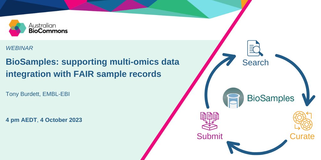 Are you a biologist or bioinformatician using #multiomics data?
Interested in #FAIR data management?

Join our free webinar featuring <a href="/TonyBurdett/">Tony Burdett</a> from <a href="/emblebi/">EMBL-EBI</a> to learn about BioSamples - the central repository for biological #metadata

biocommons.org.au/events/biosamp…