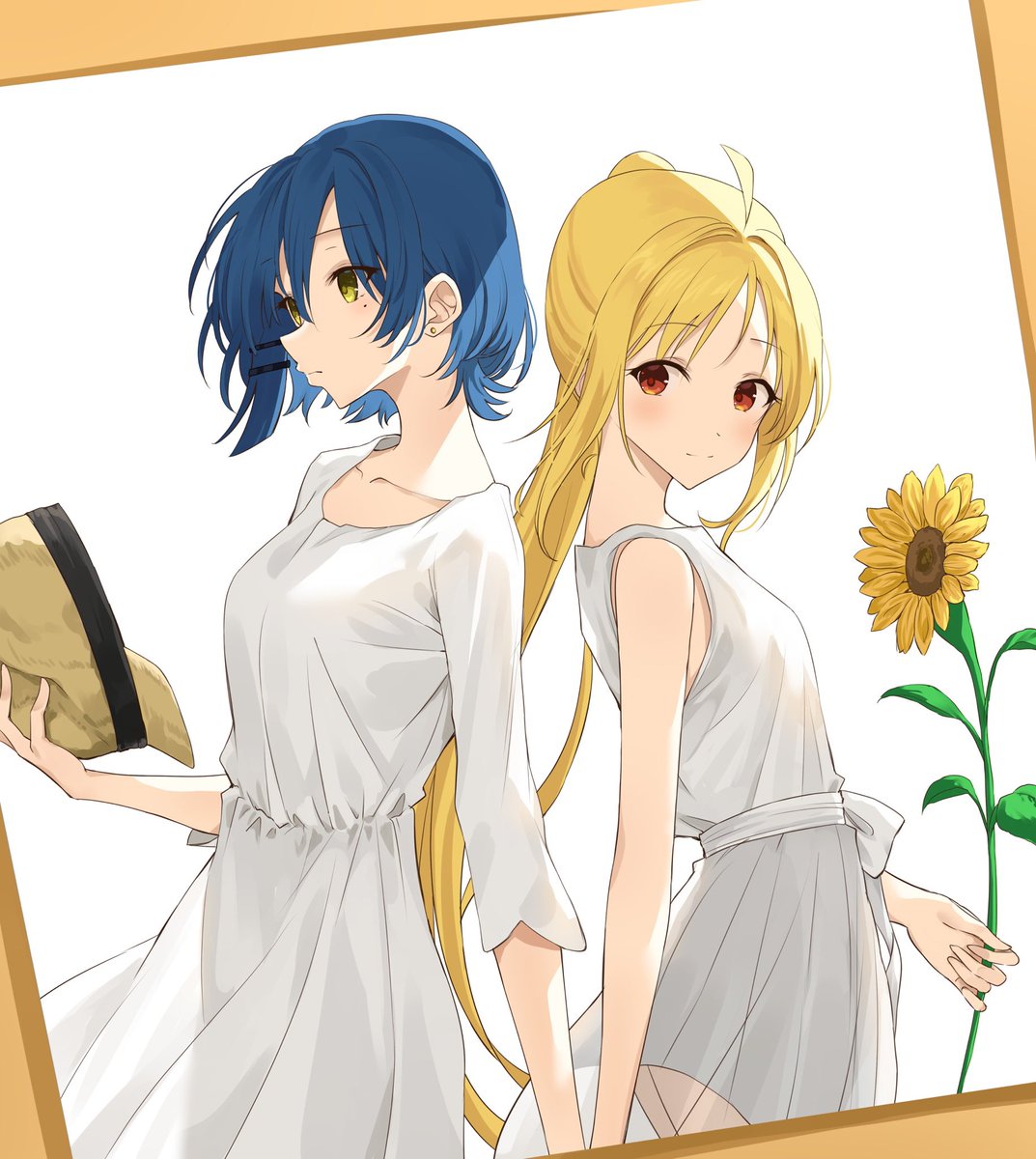 ijichi nijika multiple girls 2girls sunflower flower blonde hair long hair dress  illustration images