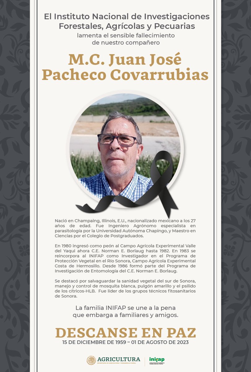 bramaccimmyt's tweet photo. Lamento la sensible e inesperada pérdida de Juan José Pacheco Covarrubias, investigador del @INIFAP, quien se destacó por su dedicada labor en materia de sanidad vegetal en #Sonora.
En él, #CENEB y @CIMMYT siempre encontraron un amigo sincero y un gran apoyo.
Descanse en paz. https://t.co/9YeCN4FeCU