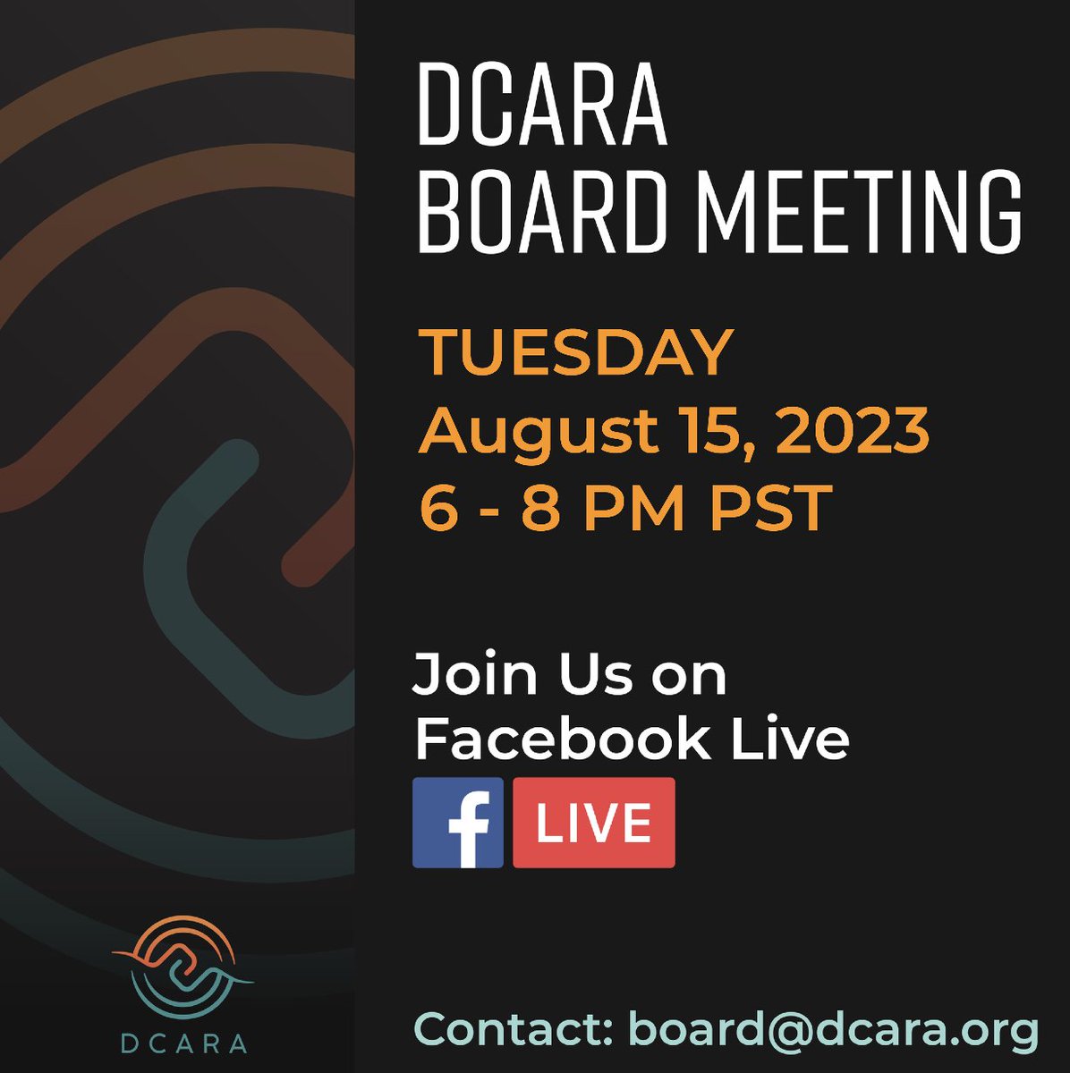 [COMMUNITY ANNOUNCEMENT]

Join us on Facebook Live for a live-streamed DCARA Board Meeting on Tuesday, August 15, 2023 at 6 - 8pm PST.

#DCARABoard #DeafCommunity #DCARA1962