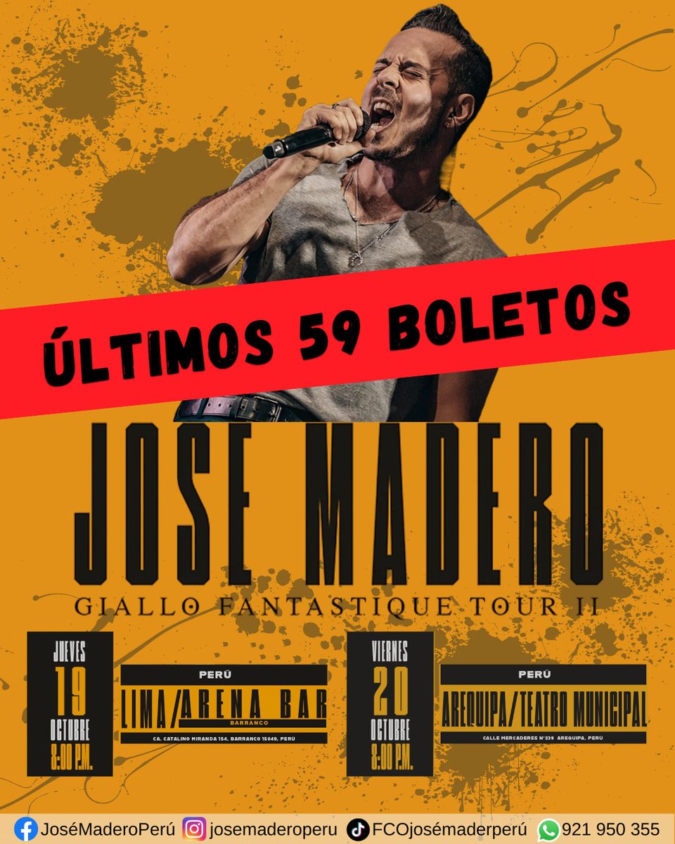 📣 Atención Lima y Arequipa 🇵🇪 📣

Quedan las ÚLTIMAS ENTRADAS 🎫 a la venta para los shows del jueves 19 y viernes 20 de Octubre, #GialloFantastiqueTourII 🇵🇪🤠💛

Compra en Joinnus

#Lima: shorturl.at/bzENY
#Arequipa: shorturl.at/prLY5
