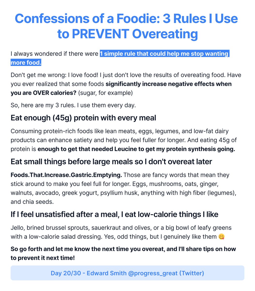 progress_great's tweet image. Confessions of a Foodie: 3 Rules I Use to PREVENT Overeating.

I wish someone had told me long ago that eating some things can make you eat less later 🤯