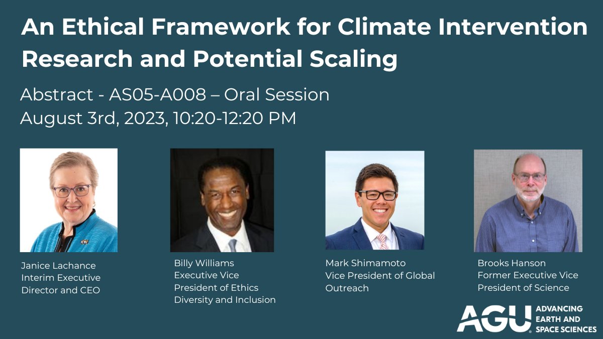 theAGU's tweet photo. In 2022, AGU launched its plan to develop an Ethical Framework for Climate Intervention Research, Experimentation & Deployment.
Stop by the panel today at #AOGS.
Lean more on our ethical framework: https://t.co/03ZrNPIiuh https://t.co/hAxSH4kHv6