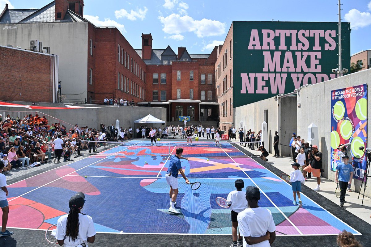 rogerfederer's tweet photo. We had a fun day in NYC as we unveiled my latest collaboration with JW Anderson x Uniqlo and launched the first 'Around the World with Roger Federer' event series. It was so nice to interact with all who came, especially with some inspiring kids on a tennis court that was beautifully designed by Kaws. 😁🌆🎾👌🏼