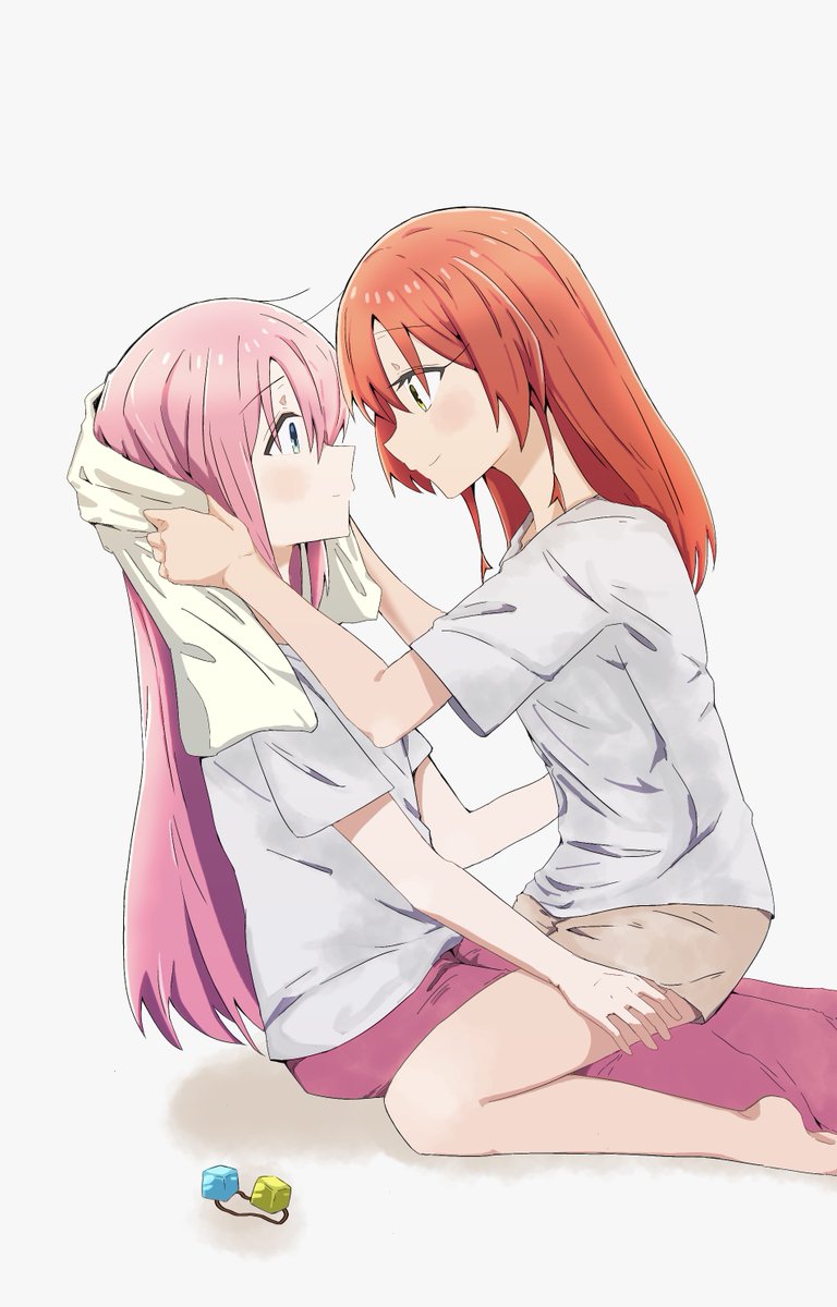 gotou hitori multiple girls 2girls pink hair long hair towel yuri looking at another  illustration images