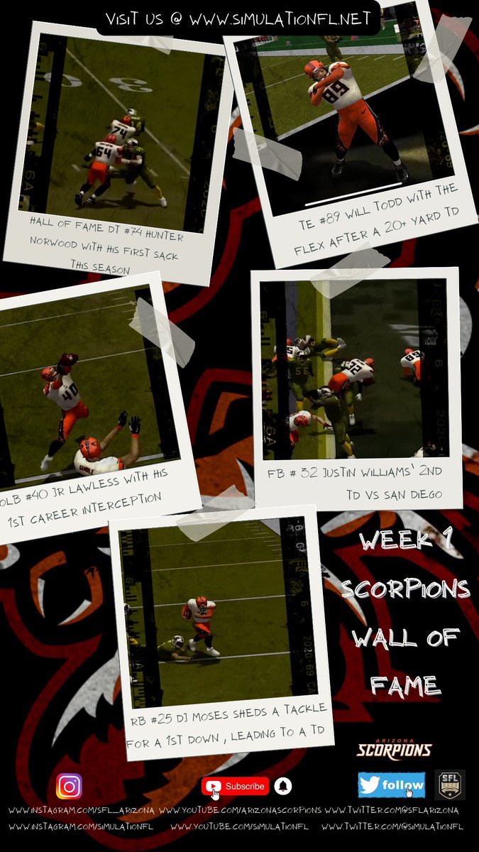 Some big name AZ stars on the Week 1 Wall of Fame, let’s see who our cameras catch this coming weekend, Sunday, August 6th @ 9 pm EST vs. @TulsaDesperados 🔥 don’t miss the nonstop eSports action from <a href="/simulationfl/">Simulation Football League</a> on their YouTube page YouTube.com/simulationfl 🦂 #SFL #eSports