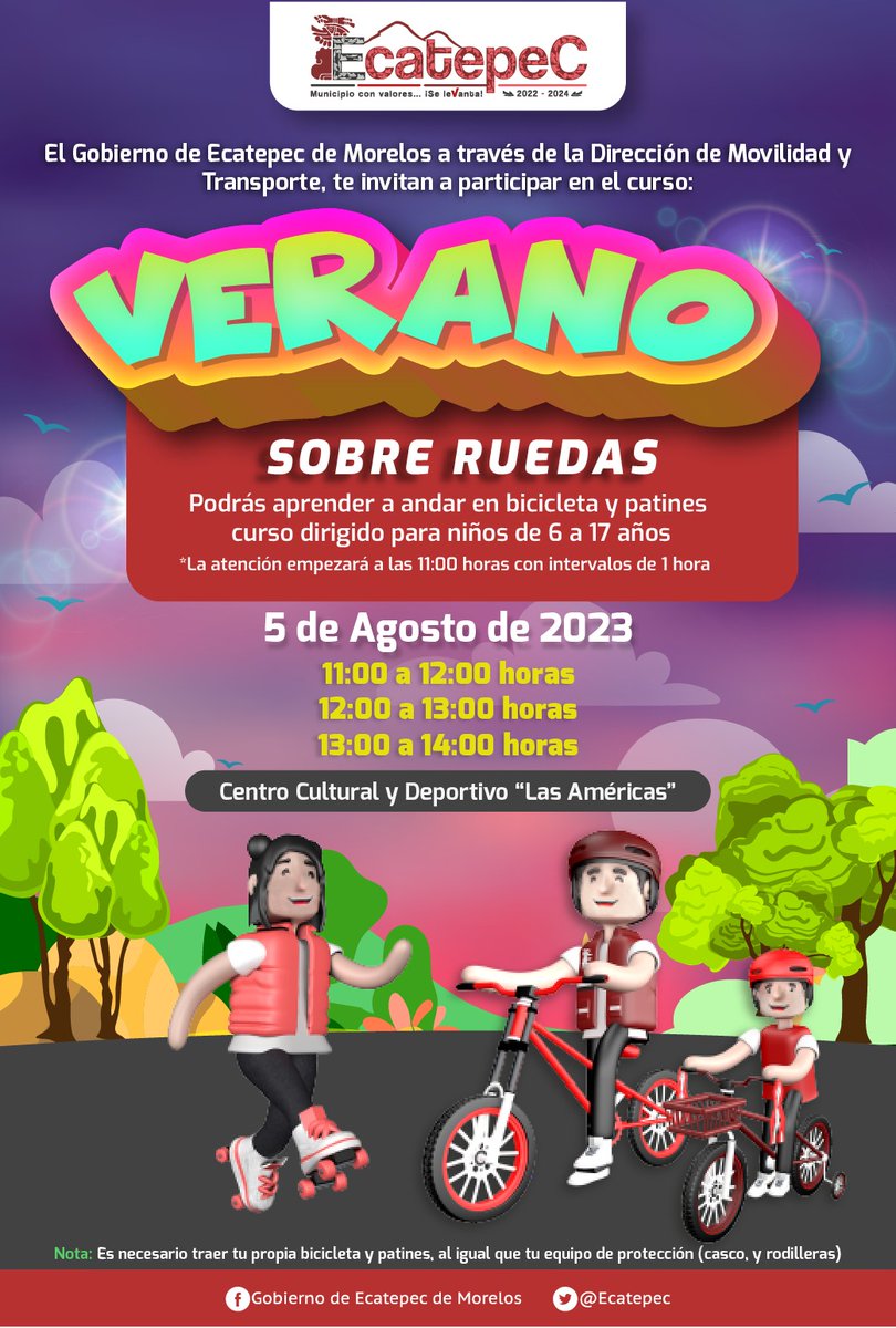¡Atención jóvenes de Ecatepec! 
La <a href="/MovEcatepec2022/">Dirección de Movilidad y Transporte Ecatepec</a> los invita al curso gratuito 🚲 🛼🌞 #VeranoSobreRuedas. Aprendan a andar correctamente en bicicleta y patines con nuestro personal capacitado. ¡Los esperamos el próximo sábado en el Centro Cultural y Deportivo Las Américas!