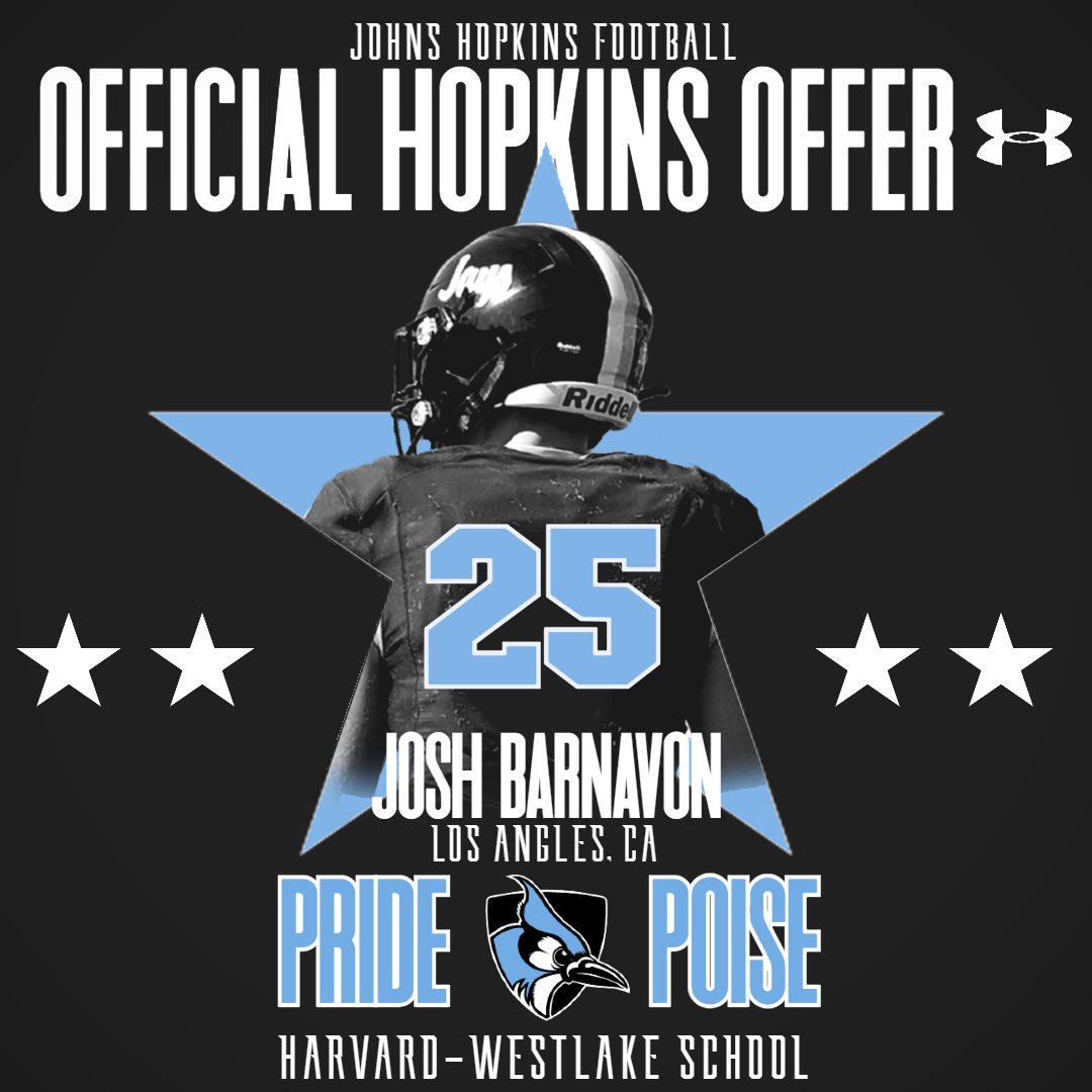 Josh Barnavon (@joshbarnavon) on Twitter photo After a great call with <a href="/CoachWodicka/">Dan Wodicka</a> and <a href="/CoachHorvatits/">Alex Horvatits</a>, I’m honored to receive an offer from Johns Hopkins University!
<a href="/CoachHuerta4/">CoachHuerta</a> <a href="/hwfootball/">Harvard-Westlake Football</a> <a href="/_ColeMurphy_/">Cole Murphy</a> <a href="/jc_kicks17/">Joey Cejudo</a> <a href="/Chris_Sailer/">Chris Sailer Kicking</a> After a great call with <a href="/CoachWodicka/">Dan Wodicka</a> and <a href="/CoachHorvatits/">Alex Horvatits</a>, I’m honored to receive an offer from Johns Hopkins University!
<a href="/CoachHuerta4/">CoachHuerta</a> <a href="/hwfootball/">Harvard-Westlake Football</a> <a href="/_ColeMurphy_/">Cole Murphy</a> <a href="/jc_kicks17/">Joey Cejudo</a> <a href="/Chris_Sailer/">Chris Sailer Kicking</a>