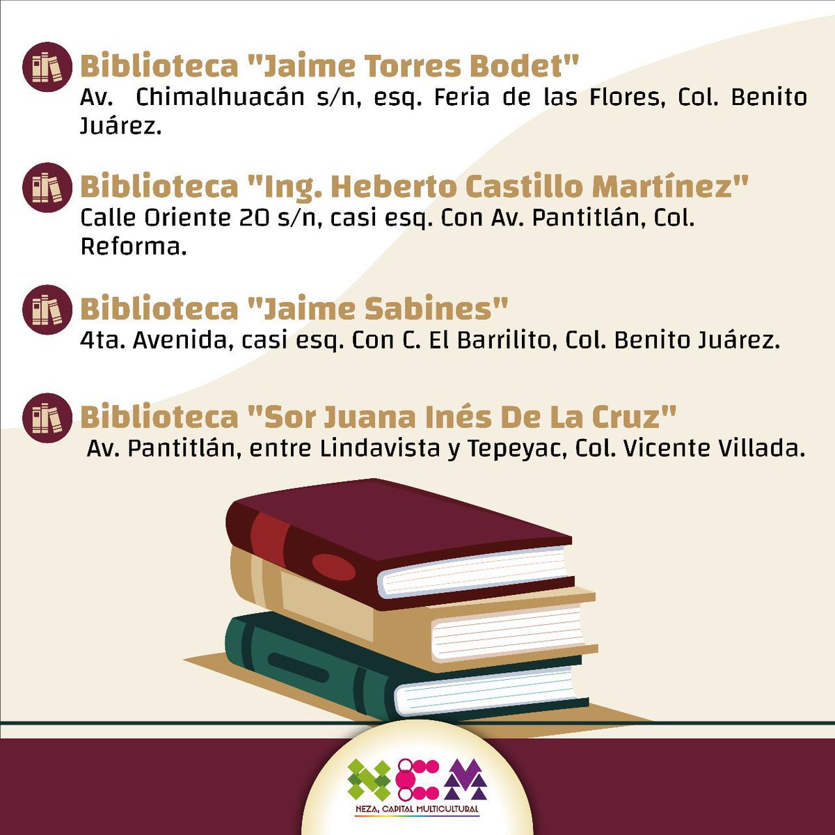 GobNeza's tweet photo. #Educación 📚 | ¡Visita nuestras #BibliotecasMunicipales! 📖
Leer 🤓 tiene grandes beneficios como:
✔️ Mejorar la ortografía
✔️ Alimentar el vocabulario
✔️ Estimular la creatividad
¡Acude a la más cercana a tu domicilio! 🏠📍
#Neza #CapitalMulticultural https://t.co/oyeNHZT5zk