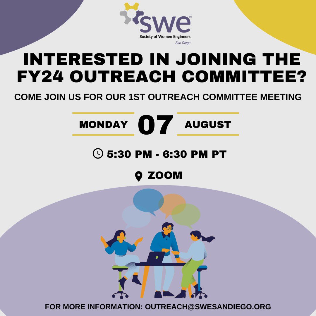 Excited to share we are having our first outreach meeting for FY24 August 07, 2023! This is a great way to get more involved with <a href="/swe_sandiego/">SWE San Diego</a> ! Email outreach@swesandiego.org if you are interested. We look forward to seeing you 💫✨