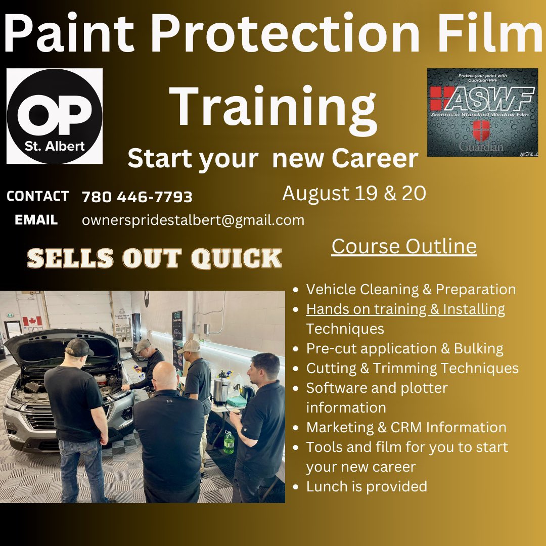 paulojassuncao's tweet image. Next course is Paint Protection Film installation with @aswfcanada . Limited available spots on this hands on training that will give you the necessary skills to start a PPF business. Sign up now :
Ownerspridestalbert@gmail.com
#ppf #ppftraining #training #paintprotection #aswf
