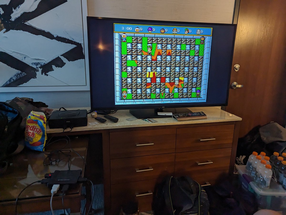 This is what #GenCon2023 is all about, playing 6 player Saturn Bomberman in the hotel room.

Shoutouts to <a href="/retrotink2/">Mike Chi</a> for making this possible