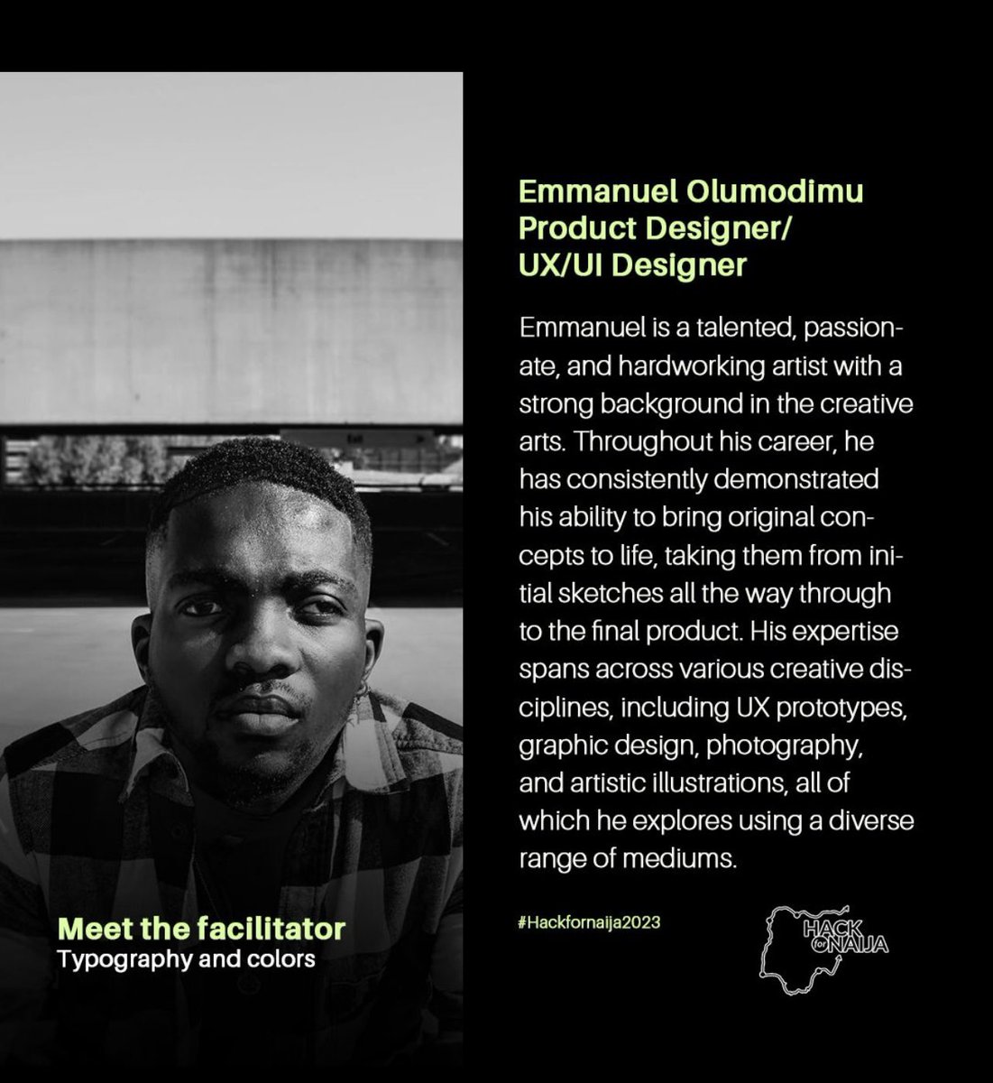hackfornaija's tweet photo. Meet our #VolunteerFacilitator @thatartvibist 

Take the leap into tech @hackfornaija’s 1 month long free tech workshops.

Don't miss this opportunity!

Click to register for free #techskills workshops👇🏾
https://t.co/GMPzixPDCJ 
#hackfornaija
#hack4naija
#techcareerskills https://t.co/jymg6Wjcxm