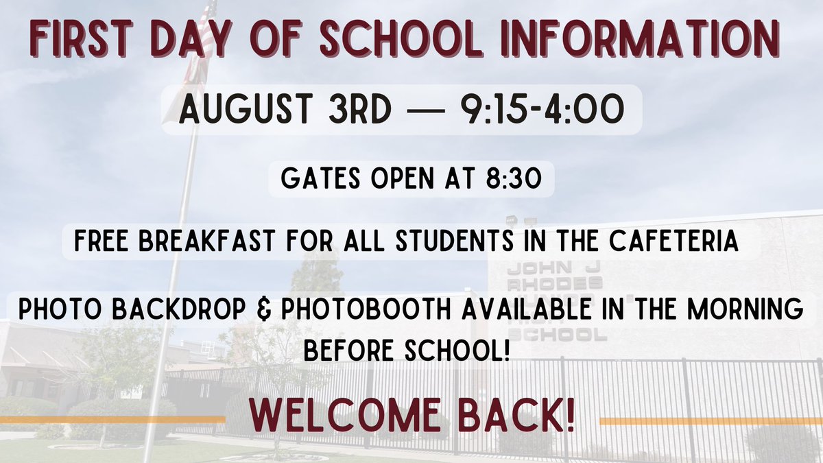 RhodesMPSAZ's tweet photo. School starts tomorrow &amp; we can’t wait to see you! School begins at 9:15, but make sure you arrive early! Staff members will be available outside to help students with any questions. See you soon Roadrunners! https://t.co/sHuntOHuMA