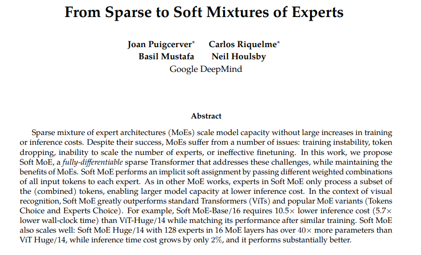 arankomatsuzaki's tweet image. From Sparse to Soft Mixtures of Experts

Proposes Soft MoE, a fully-differentiable sparse Transformer that addresses these challenges, while maintaining the benefits of MoEs.

arxiv.org/abs/2308.00951