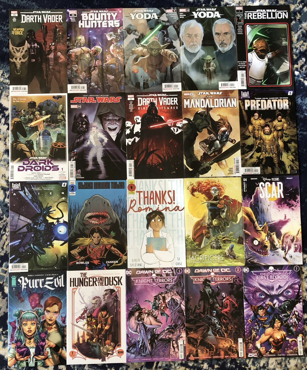 Been a while (before SDCC), but here’s this week’s pull.

#PullList #Comics #ComicBooks #SupportComics #StarWars #DarthVader #BountyHunters #Yoda #TheRebellion #DarkDroids #DarthVaderBlackWhiteAndRed #TheMandalorian #Predator #Alien #BlackDemonTales #ThanksRomina #TheSacrificers