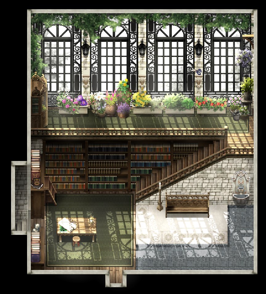 obakedorodoroga's tweet image. 『温室 兼 図書室』 昼verです
本の日焼け問題とか湿度とかはファンタジーなので度外視です、映えればOKメンタルで作りました
地下書庫に続く階段があります
#瓦礫教会のレタ
#施薬僧のレタ
#parallaxmapping