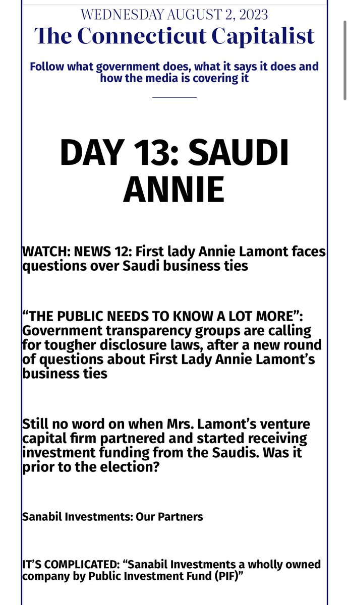 GeorgeColli's tweet photo. Day 13: #SaudiTV
First CT TV media covers it
@NewsCT: First Lady Annie Lamont faces questions over Saudi business ties
Wednesday August 2, 2023
https://t.co/IaSxA8bbWh https://t.co/P43dUqxXgA