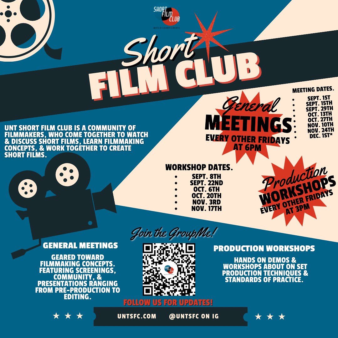 One month until our first meeting! 

Mark your calendar with all of our meeting &amp; workshop dates! And don’t forget to join the GroupMe for more updates! 🌟🎬✨

We can’t wait to meet everyone!

#shortfilmclub #untshortfilmclub #sfcschedule #studentfilmmakers #untfilm