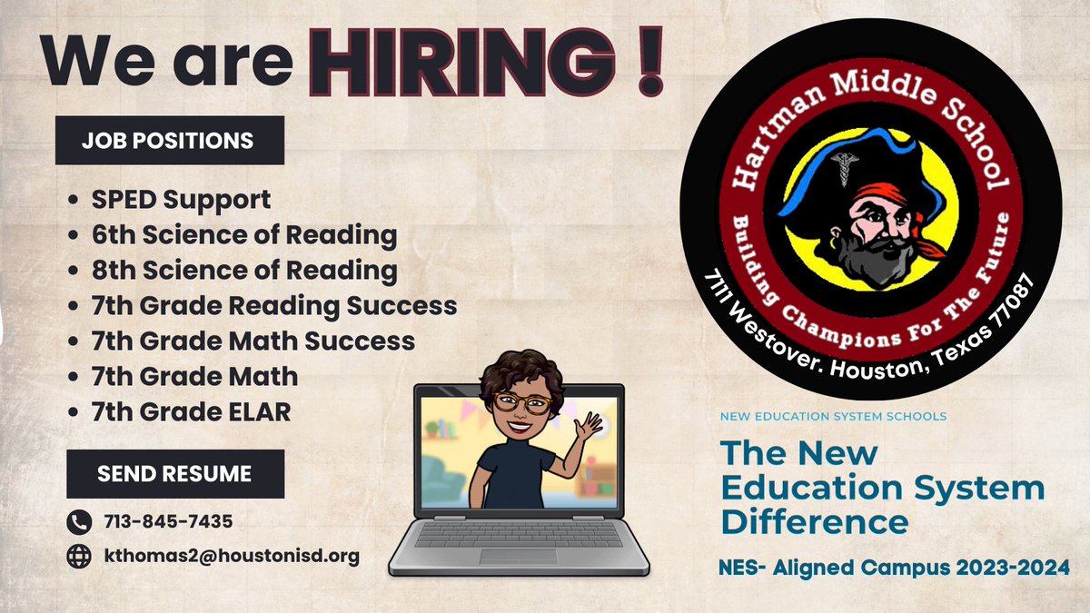HartmanMS_6's tweet photo. @hartman_ms is looking to expand their team for the 2023-2024 school year @HoustonISD @GJVstate @Jererita_Wilson @LizethMartinex @AnnaLWhite1 @KatinaT73444785 #SouthDivision #NES-A https://t.co/3UPD4EMySd