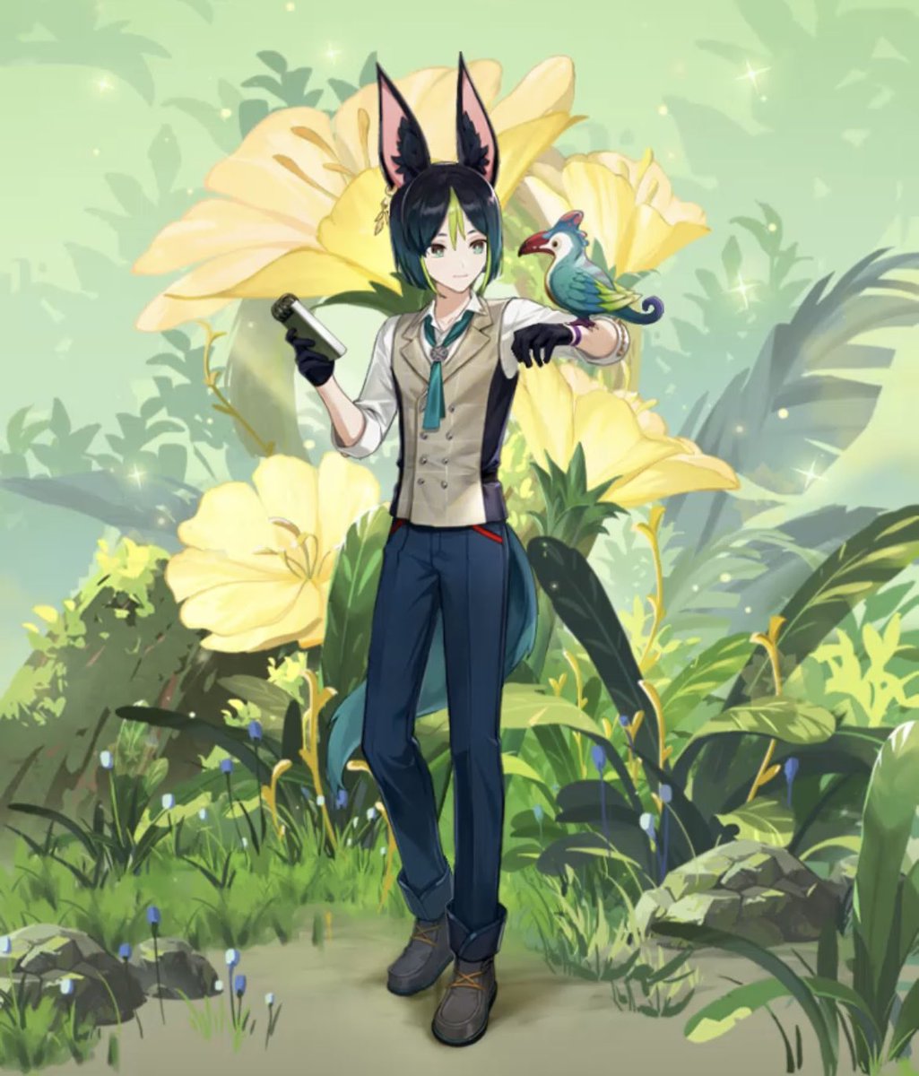 GenshinUpdate's tweet photo. Full body art of Albedo and Tighnari from Genshin x Alipay x M&amp;G Stationery Collaboration 
#GenshinImpact #原神 #원신 #Tighnari #Albedo https://t.co/HHl7iM04ZK